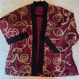 Handmade Burgundy taffeta Kimono ivory gold ribbon embroidered black short Lg
